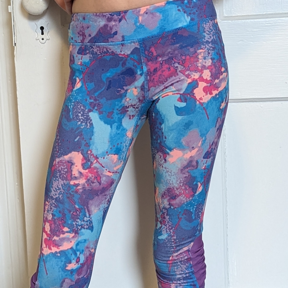 Leggings size 7-8 visible ankle pink, blue, and purple